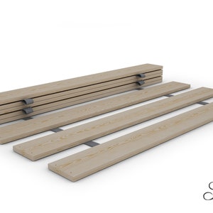 May include: A wooden slat bed frame with metal clips, shown disassembled. The slats are light brown and the clips are silver.