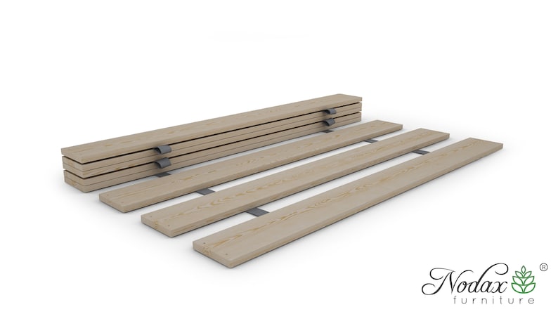 May include: A wooden slat bed frame with metal clips, shown disassembled. The slats are light brown and the clips are silver.