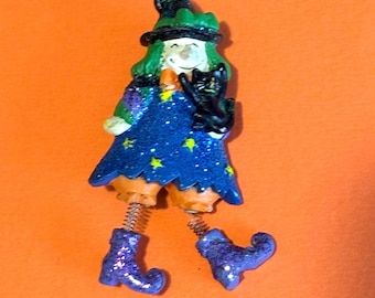 Witch with spring legs vintage pin