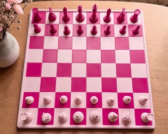 Juego de ajedrez rosa con caja de almacenamiento, tablero de ajedrez grande, juego de ajedrez con decoración de dopamina impreso en 3D, juego de ajedrez extragrande, juego de ajedrez de regalo para niñas