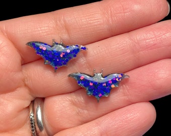 Resin iridescent purple glitter Bat Stud Earrings, Holographic bats, bat earrings, bat studs, halloween earrings, vampire jewelry,goth studs