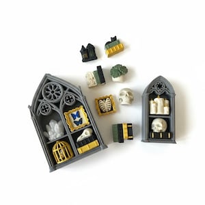 Pode incluir: Uma coleção de objetos decorativos em miniatura com tema gótico. Inclui uma prateleira cinza em forma de janela arqueada com cristais, uma gaiola e uma borboleta emoldurada. Outros itens incluem uma caveira, livros, um gato em livros e uma caixa torácica emoldurada.
