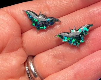 Resin iridescent green glitter Bat Stud Earrings, Holographic bats, bat earrings, bat studs, halloween earrings, vampire jewelry, goth studs