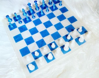 Blue and white Resin Chess Set, Resin Chess Board, blue Chess Set, pearlescent chess, 10.5"x10.5", graduation gift