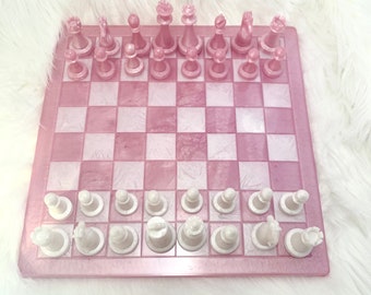 Pearlescent Pink and Pearl white resin Chess Set, Resin Chess Board, pink and white  chess 10.5"x10.5", pink board games