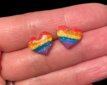 Rainbow Resin Heart Stud Earrings, heart earrings, heart jewelry, lgbtq hearts, rainbow jewelry