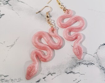 Pink Snake Earrings, Resin Snake Earrings, Snake Earrings, Dangly Snake, pink dangly Earrings, pink aesthetic