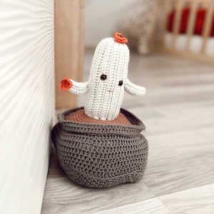 May include: A crocheted cactus toy with a white body, orange flower, and brown pot. The cactus has a smiling face with black eyes.