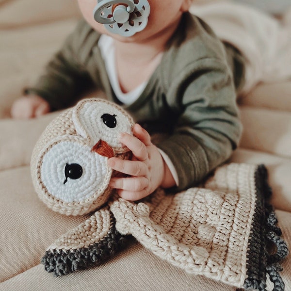 Ugi the Owl | Crochet Owl Lovey, Personalized Baby Comforter Toy, Baby Owl Snuggler Toy, Owl Security Blanket, Crochet Owl Comforter Blanket