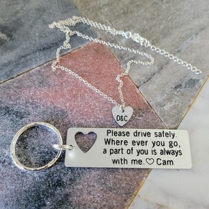 Custom Keychain and Necklace Set, Personalized Please Drive Safely Wherever You Go Engraved Couples Keyring and Heart Pendant, Couples Gift