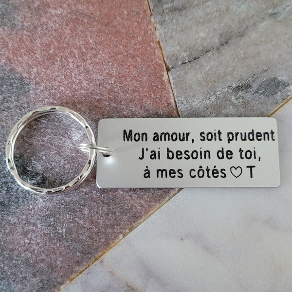 Soit Prudent Drive Safe Keychain, Personalized Engraved Couples Keychain in French, Husband, Driver gift, French Quote Custom Keychain