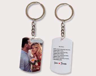 Custom Double-Sided Photo Keychain with Love Quote, Personalized Relationship Couples Gift, Unique Photograph Keyring Keepsake, Customizable