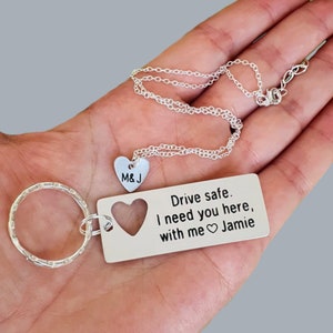 Personalized Keychain and Necklace Set Drive Safe Engraved Couples Keychain, His and Hers Matching Set, Boyfriend Lovers gift, Heart Pendant