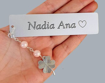 Personalized Name Bookmark, Customized Engraved Lucky Charm Bookmark with Clover Charm, Pink Shell Pearls, Avid Reader, Child, Girl Gift
