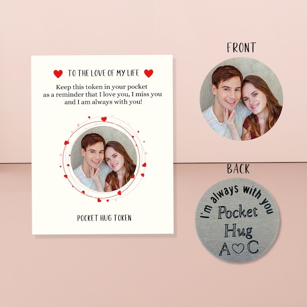 Personalized Double Sided Pocket Hug Token Photo Custom Engraved Message and Initials Couples Long Distance Relationship Boyfriend Gift