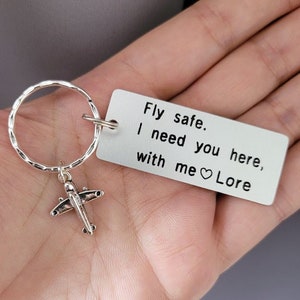 Personalized Fly Safe I Need You Here Engraved Keychain with Plane Charm, Gift For Pilot Flight Attendant Aviation Crew Frequent Traveller