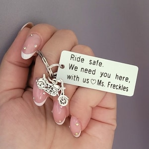 Ride Safe Engraved Keychain, Personalized Couples Keychain with Motorcycle Charm, Motor, Husband Boyfriend Gift, Biker gift, Bike