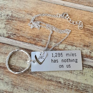 Personalized Keychain and Heart Necklace Set, Miles Has Nothing on US, Custom Engraved Couples Keyring, Long Distance Relationship Gift