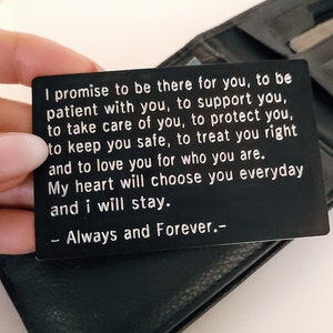 gepersonaliseerde gegraveerde zwarte portemonnee kaart, black metal portemonnee insert met aangepaste tekst liefdesbericht paar, echtgenoot, verjaardag, belofte cadeau
