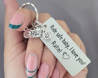 Ride Safe Baby I Love You Keychain, Engraved Personalized Keyring with Motorcycle Charm, Couples, Husband, Boyfriend Gift, Biker gift, Bike