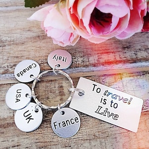 Personalized Travel Token Keychain, Engraved Traveller Collective Keyring, Collection of Countries Visited, Travel Lover Gift image 1