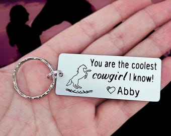 Personalized Cowgirl Keychain – Engraved Aluminum Keyring with Custom Name, Horse Design – Gift for Cowgirl, Western Gift, Rodeo Fan