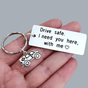 Personalized Drive Safe Keychain, Engraved EMT Crew Keyring, Paramedic Gift, EMT Vehicle, Ambulance Driver, Emergency Vehicle, Boyfriend