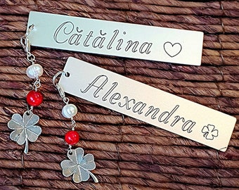 Personalized Custom Name Bookmark, Customized Engraved Lucky Charm Bookmark with Clover Charm, White Pearls and Red Coral, Avid Reader Gift