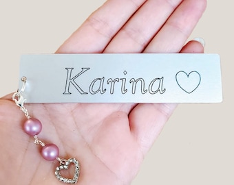Personalized Metal Bookmark, Customized Engraved Name Bookmark with Rhinestones Heart Charm, Dark Pink Shell Pearls, Reader Gift