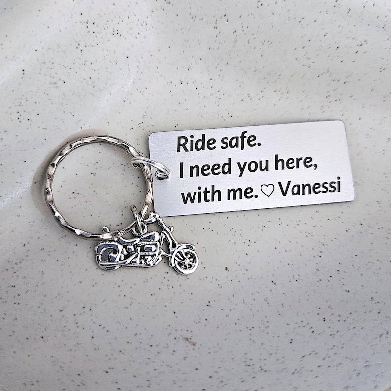 Ride Safe Personalized Motorcycle Keychain – Custom Engraved Biker Gift for Him | Boyfriend, Husband, Couples Keychain with Motorbike Charm image 2