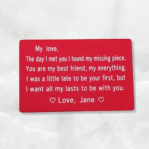 Regalo de tarjeta de billetera personalizada para marido Cartera Insertar Novio Gif Texto personalizado Mensaje de amor, Parejas Aniversario Amantes Regalo Metal rojo