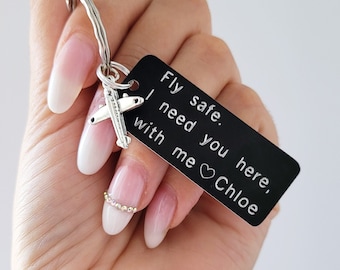 Personalized Fly Safe I Need You Here Engraved Black Keychain with Plane Charm, Pilot Flight Attendant Aviation Crew Frequent Traveller Gift
