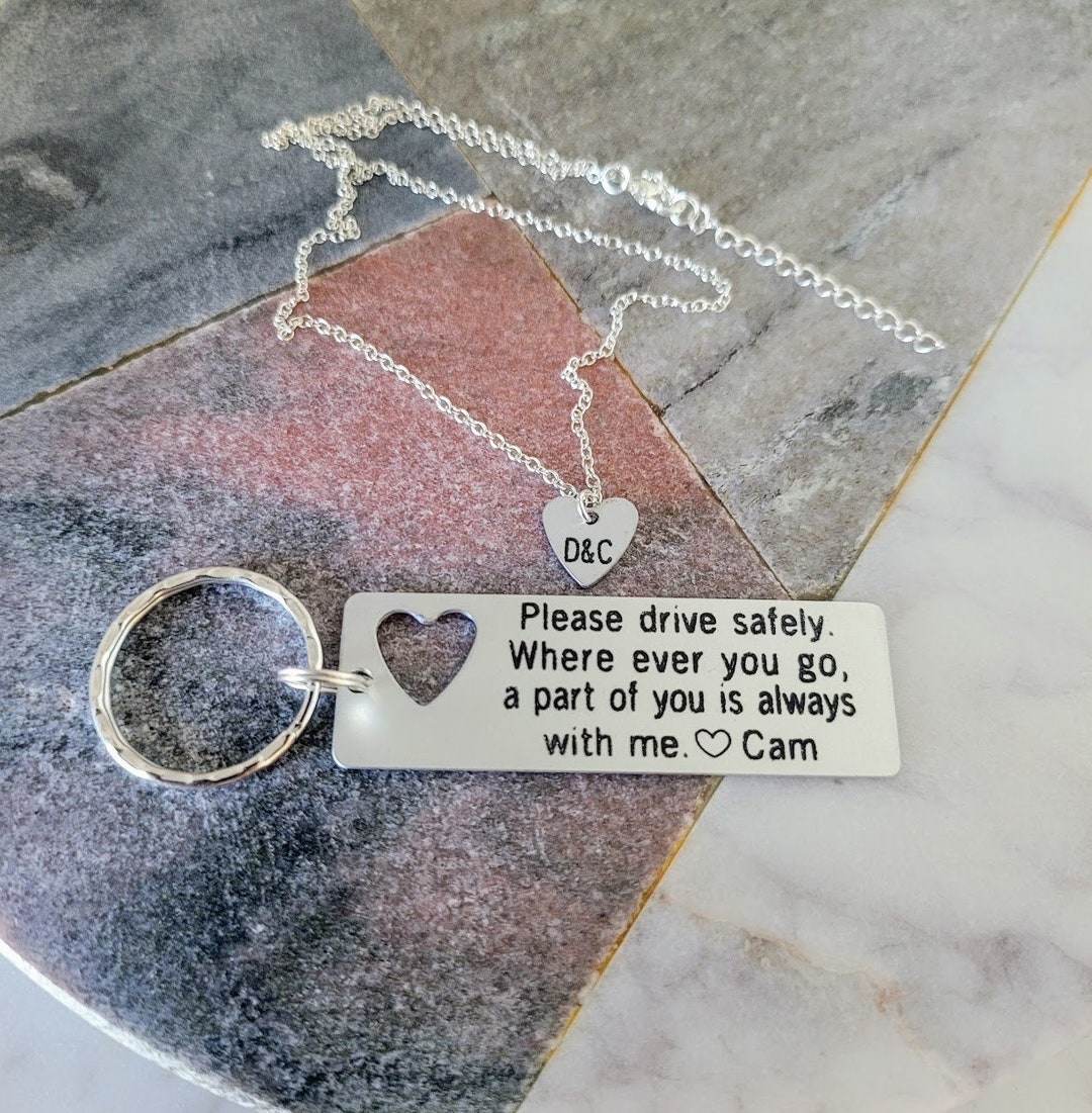 Custom Keychain and Necklace Set, Personalized Please Drive Safely