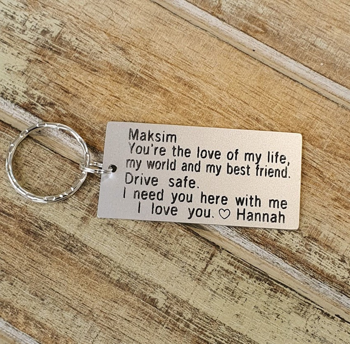 Personalized Love Message Keychain Drive Safe Engraved Etsy