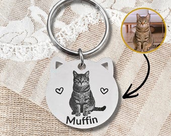 Custom Cat Photo Keychain, Personalized Cat Portrait Keyring, Engraved Cat Keychain with Name, Cat Lover Gift, Custom Pet Keychain