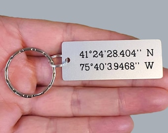 GPS Coordinates Personalized Engraved Couples Keychain, Long Distance Relationship Gift for Him Latitude Longitude Keyring, Lovers Gift