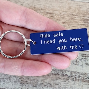 Ride Safe Keychain, Personalized, Anodized Aluminum, Couples Keychain, Engraved, Husband, Boyfriend Gift, Biker gift, Motorcycle, Bike