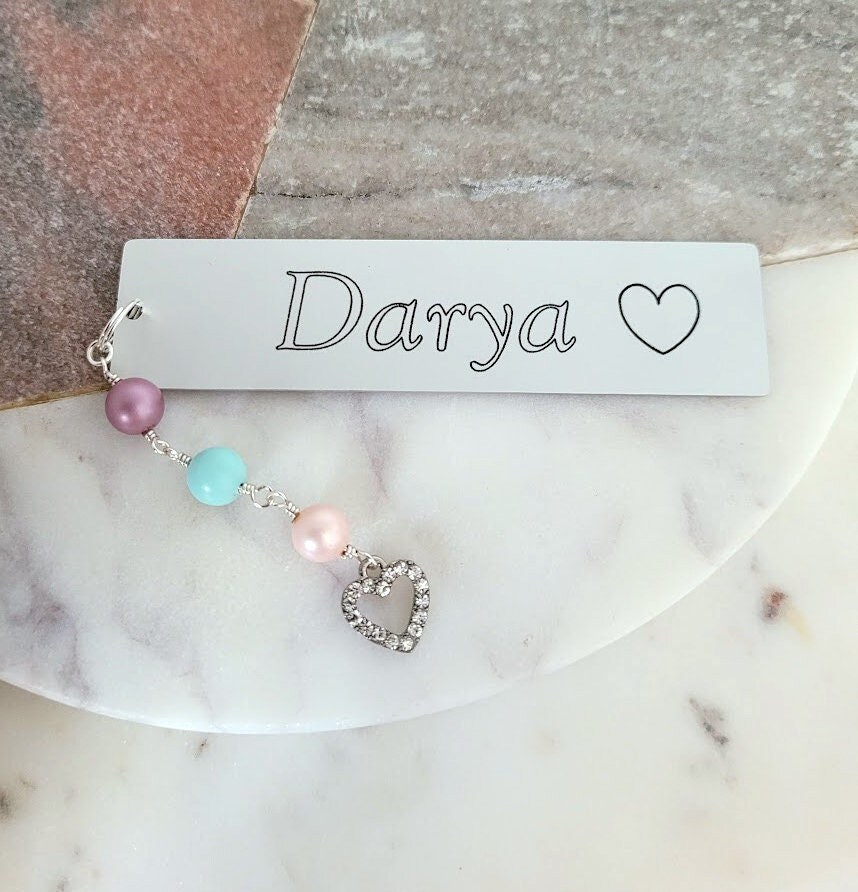 Custom Bookmark, Personalized Metal, Customized Engraved Name Bookmark with Rhinestones Heart Charm, Multicolor Shell Pearls, Reader Gift