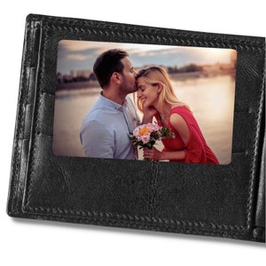 Billetera con foto, billetera de metal con texto personalizado grabado, mensaje de amor, pareja, esposo, novio, familia, regalo de aniversario