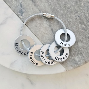 Personalized Travel Token Washer Keychain • Custom Engraved Country Charms • Traveller Collective Style Keyring • Travel Lover Gift