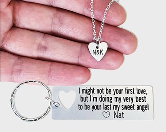 Keychain and Necklace Couples Gift Set, Initials Heart Pendant, Custom Engraved, Love Message, Lovers Gift, His and Hers, Matching Set