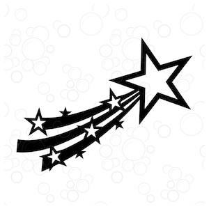 Puede incluir: Gráfico en blanco y negro de una estrella fugaz. Una gran estrella de cinco puntas lidera un rastro de estrellas más pequeñas, todas en negro, sobre un fondo blanco con formas sutiles de burbujas.