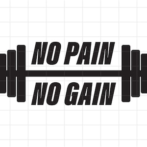 May include: Black graphic of a barbell with the words "NO PAIN" above "NO GAIN". The design is on a white background with a subtle grid pattern. This image is suitable for fitness-related products.