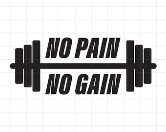 May include: Black graphic of a barbell with the words "NO PAIN" above "NO GAIN". The design is on a white background with a subtle grid pattern. This image is suitable for fitness-related products.