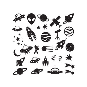 Könnte beinhalten: Eine Sammlung von schwarz-weißen Illustrationen zum Thema Weltraum. Das Bild zeigt Raketen, Planeten mit Ringen, Sterne, ein Teleskop, einen Satelliten, einen Halbmond und UFOs. Die Designs sind einfach und grafisch.