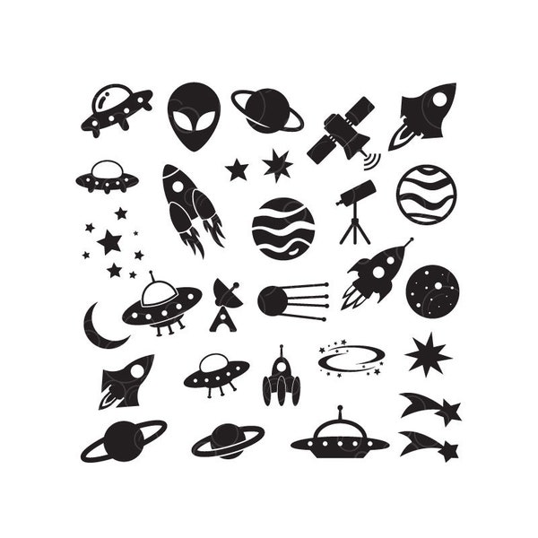 Set of 29 space elements SVG, Space SVG cutting files,ufo svg, space silhouette, space cricut, planets svg, rocket svg, aliens svg, png