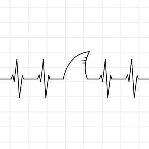 May include: A black and white graphic design showing a shark fin incorporated into an EKG heartbeat line. The design is set against a grid background, creating a minimalist and modern aesthetic.