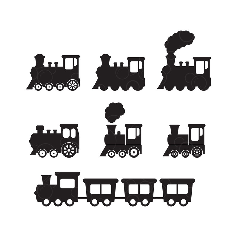 May include: A collection of seven black train illustrations. The trains vary in design, some with smoke billowing from the smokestack, and others with attached train cars. The trains are in a silhouette style.