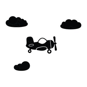 Peut inclure: Illustration en noir et blanc d'un avion de dessin animé avec une hélice, accompagné de trois formes de nuages noirs. L'avion a un design arrondi avec un cockpit et des roues, sur fond blanc.