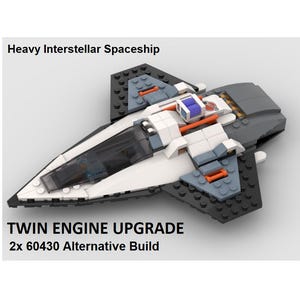 May include: A model of a heavy interstellar spaceship, primarily white, gray, and black, with a twin engine upgrade. The model has a sleek, angular design with text that reads "Heavy Interstellar Spaceship" and "TWIN ENGINE UPGRADE 2x 60430 Alternative Build."